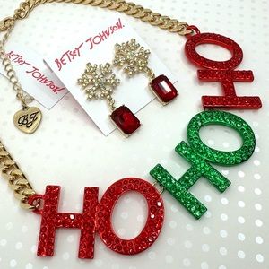 Betsey Johnson ‘Ice Queen’ HoHoHo Necklace & Snowflake/Red Earrings NWT!